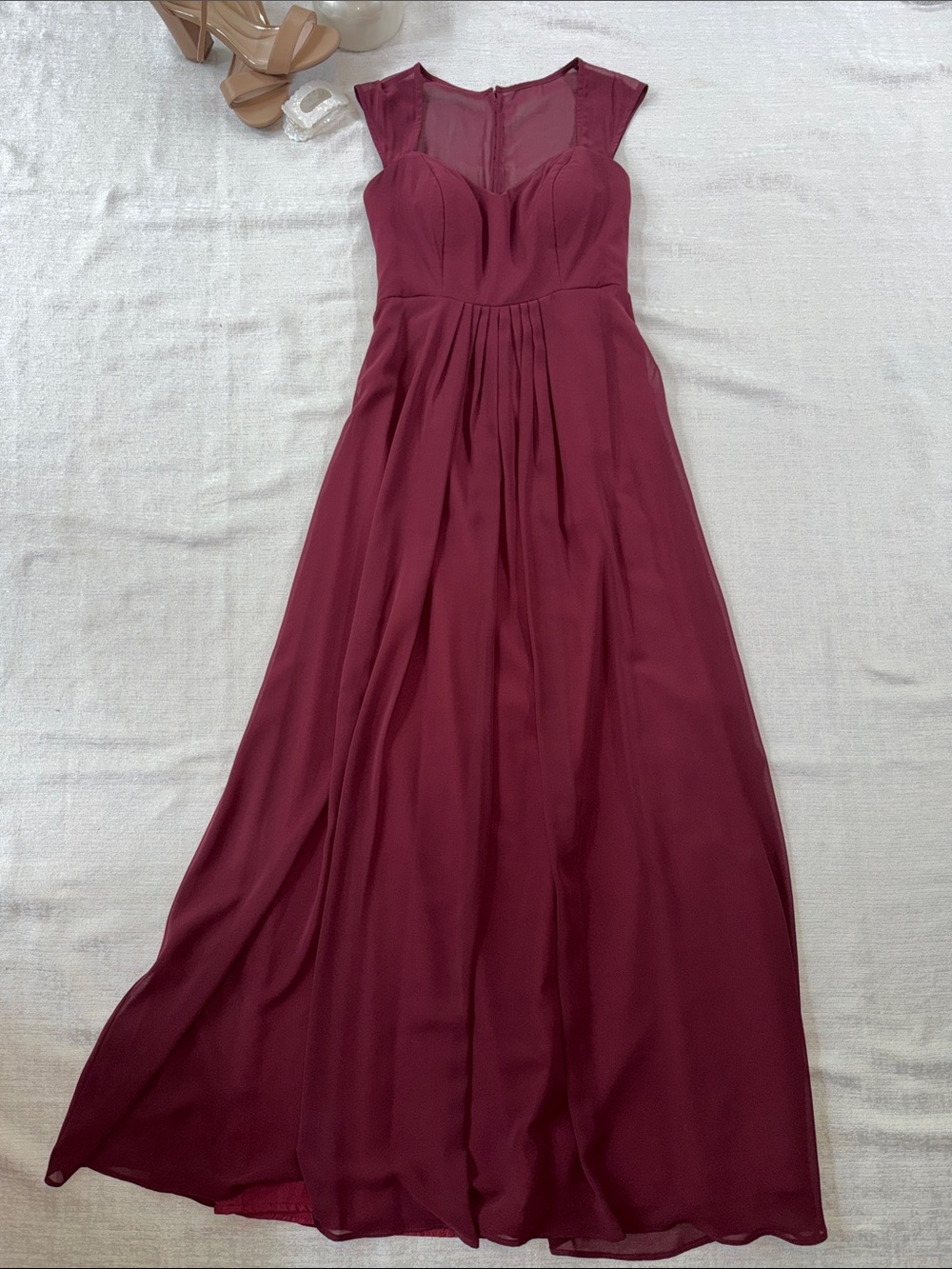 Bill Levkoff Burgundy Chiffon Maxi Dress with Sheer Yoke and Sweetheart Neckline